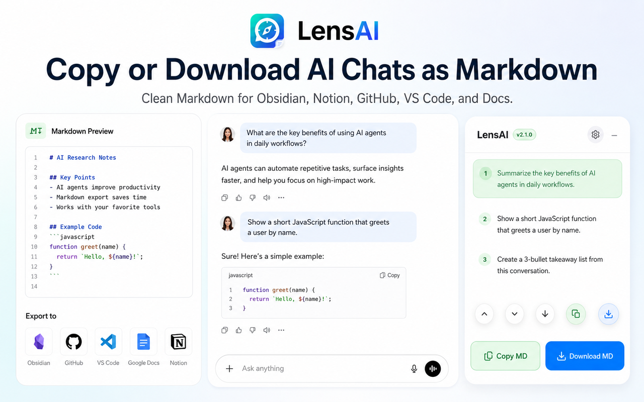 LensAI Markdown export screenshot