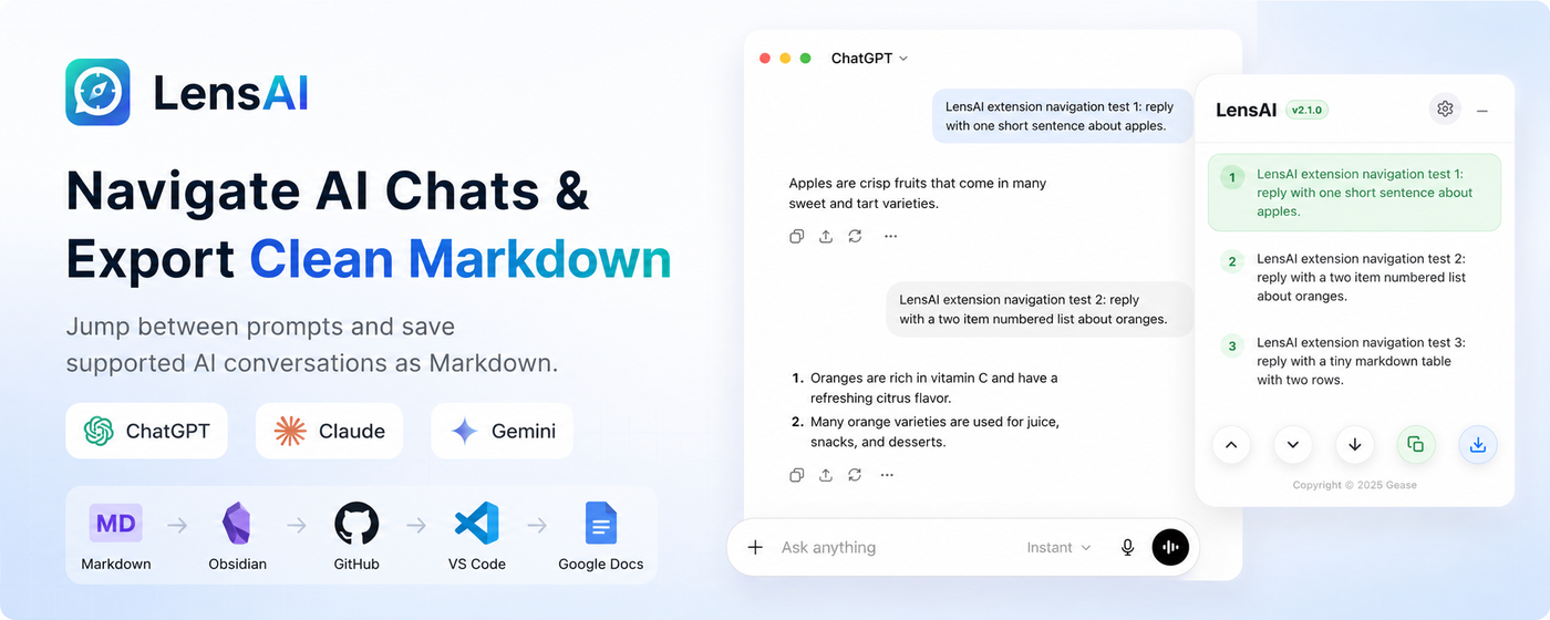 LensAI AI chat navigation and Markdown export
